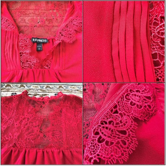 Vivid Red Lace Bib-Front Flowy & Drapey Blouse XS - Picture 10 of 16